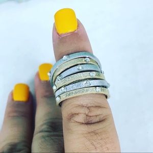 Sze 6 Vegan Leather Silver Gold Rhinestones Ring